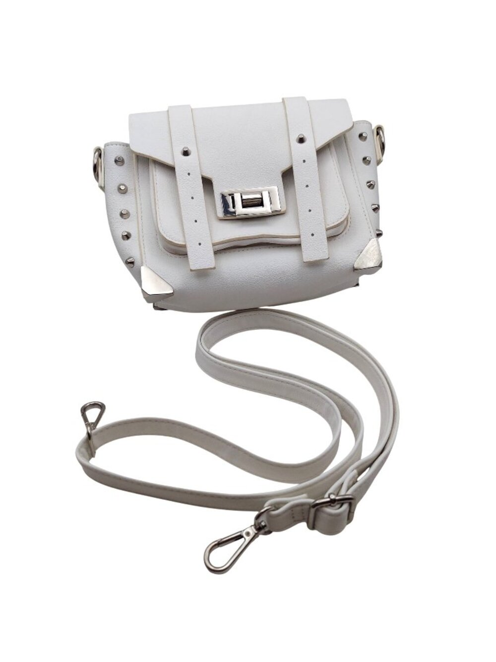 Messenger Crossbody Bag Faux Leather White Silver Tone Studded Adjustable Strap